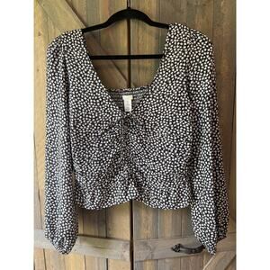 H&M Black Floral Long Sleeve Draped Blouse